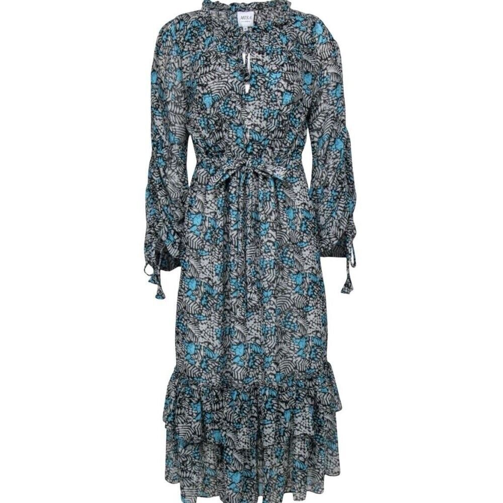 MISA Los Angeles Hadeya Maxi Dress Blue Floral Ruffle Chiffon Tier Cottagecore M